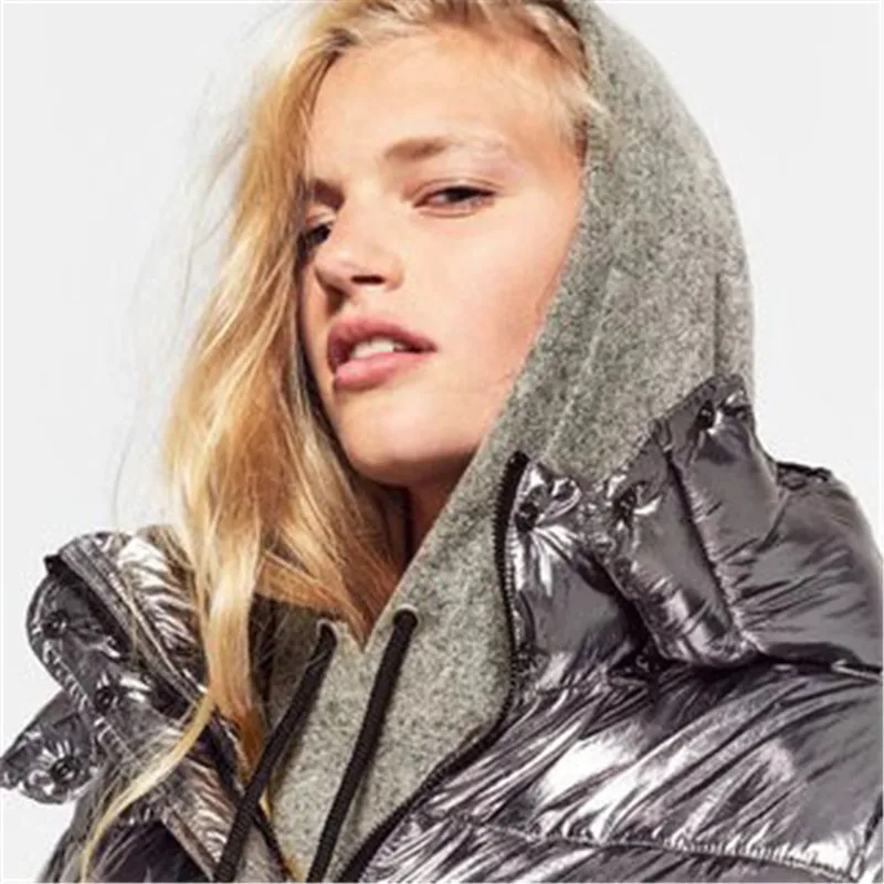 2018 модная новинка Женская Серебряная на молнии с капюшоном хлопковая стеганая