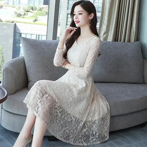 Autumn Summer Dress White Women Vintage Lace Dresses Elegant Ropa Mujer 3XL Ladies Party A-line Hollow Out OL Vestido DJ5 | Женская