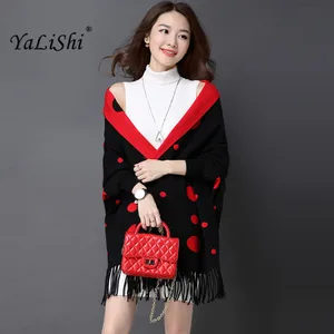 Женский кашемировый кардиган в горошек YaLiShi, новинка зимнего сезона 2020, свитер с рукавами летучая мышь и бахромой, пончо с шарфом-качели
