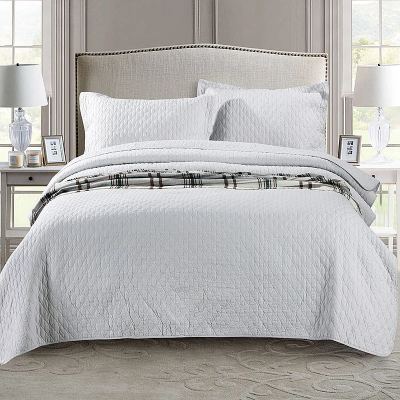 

CHAUSUB Washed Cotton Quilt Set 3PCS Quality Embroidery Bed Cover Sheets Quilted Bedspread King Size Pillow Shams Coverlet Set