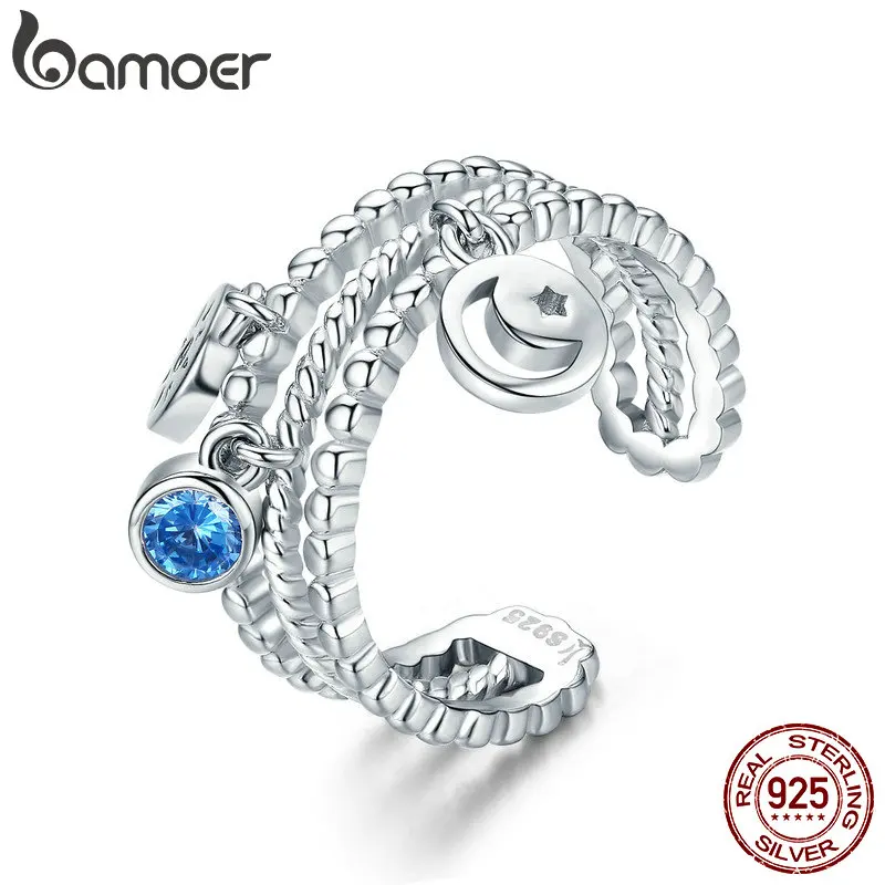 BAMOER, высокое качество, подлинный, 925 пробы, серебряный, двойной слой, луна, солнце, болтается, кольцо для женщин, Стерлинговое Серебро, ювелирное изделие SCR350