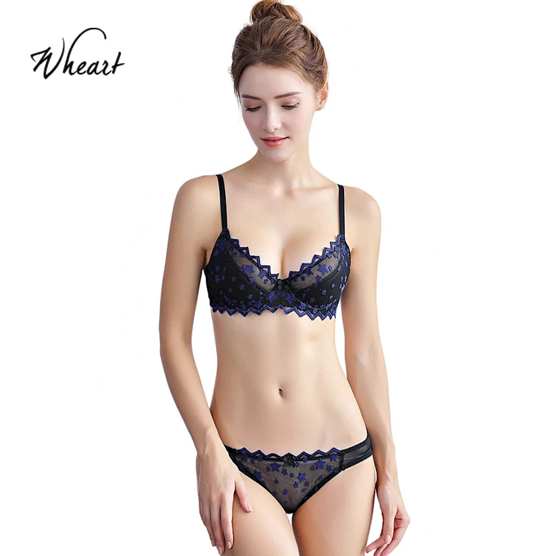 

Wasteheart Women Fashion Blue Sexy Lingerie Unlined Transparent Bras Lace Embroidery Cotton Panties Push Up Bra Sets Underwear