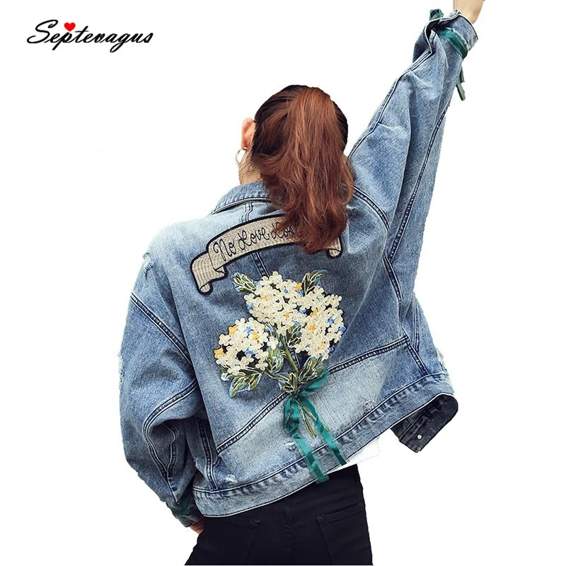 Женское Ковбойское Свободное пальто с вышитыми цветами джинсовая куртка Chaqueta Mujer