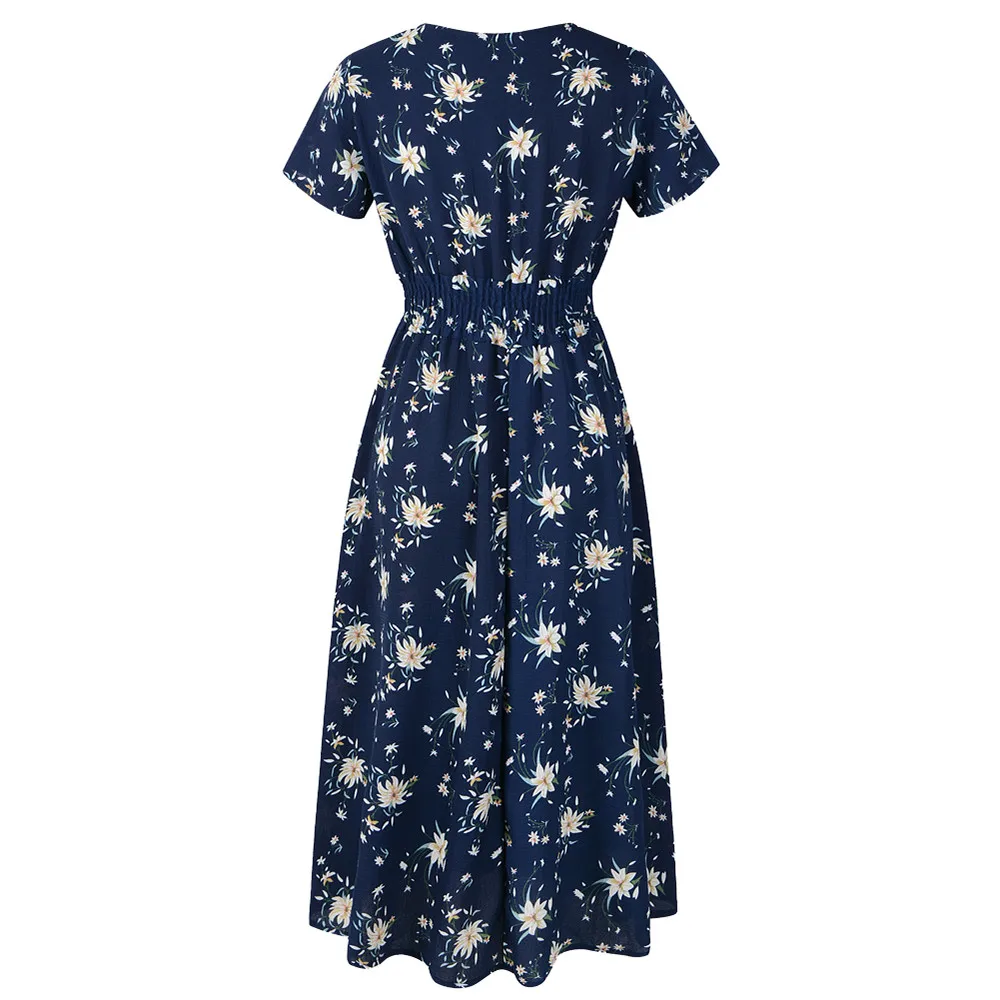 

2019 new Women's simple tight-fitting V-neck Navy holiday floral print dress ladies summer beach party dress 3.15
