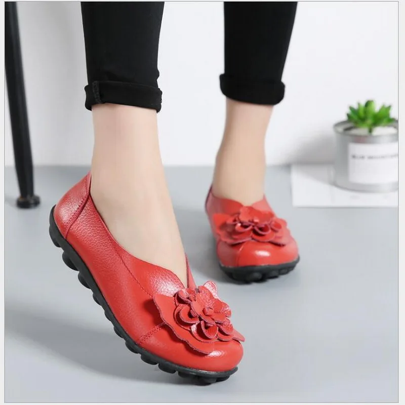 Spring Autumn Women Loafers Genuine Leather Flat Shoes Ballet Flats Round Toe Comfortable Casual Women Shoes Plus Size #35-44