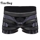 Мужские трусы-боксеры TiaoBug, черное нижнее белье из искусственной кожи, сетчатая вставка, с низкой посадкой, сексуальное нижнее белье с мешочком