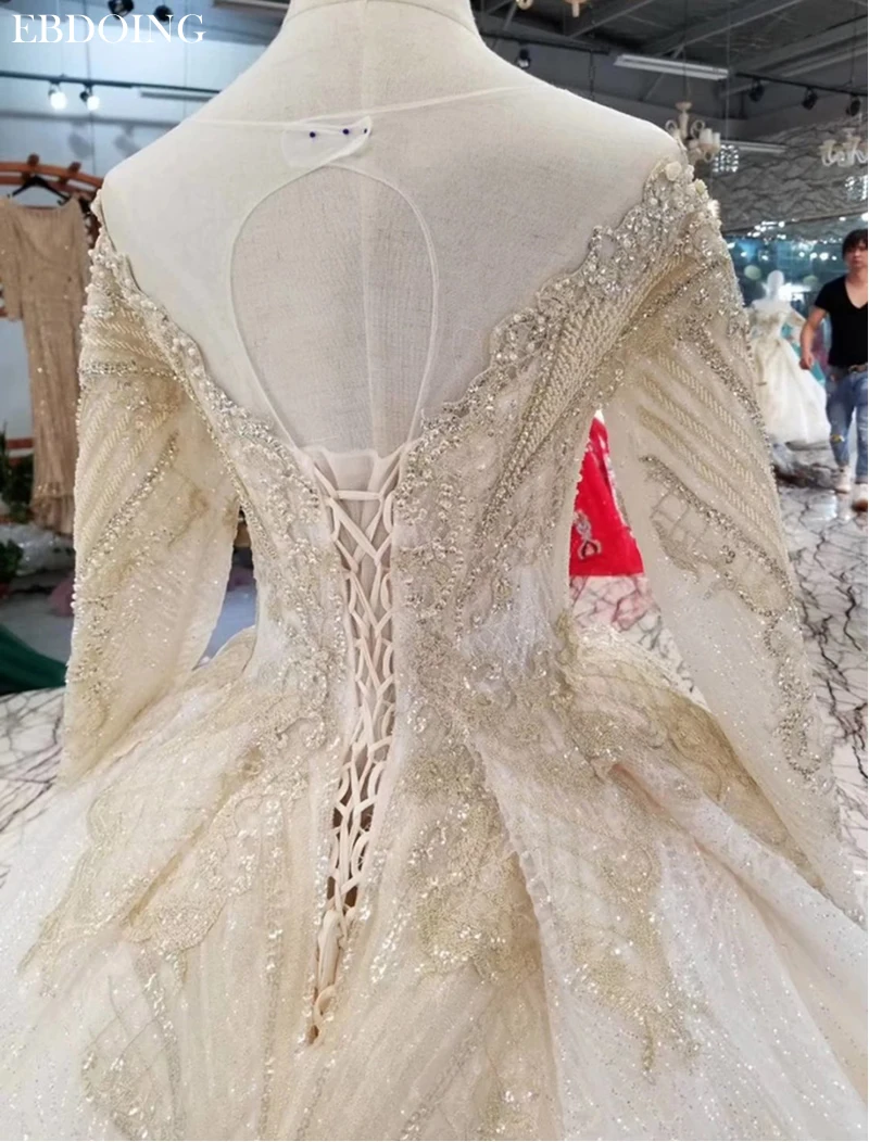 Vestidos De Novia бальное свадебное платье, вырез лодочкой, полный рукав, со шлейфом, на шнуровке, платье невесты размера плюс, с кружевами и бисером