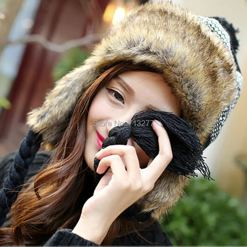 HT408 модные вязаные зимние шапки с ушами женская шапка-бомбер из искусственного