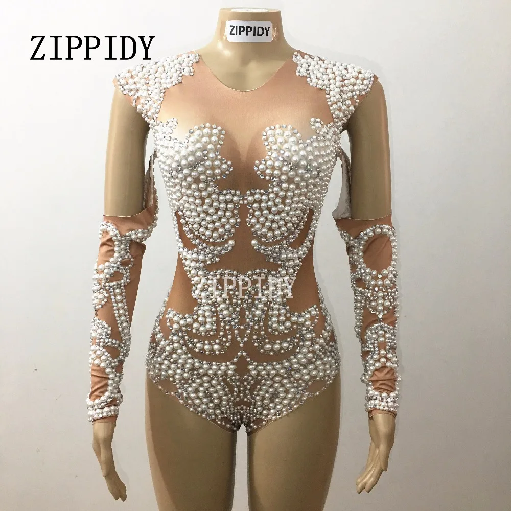 

Sparkly Crystals Pearls Nude Sexy Bodysuit Glisten Rhinestones One-piece Stretch Costume Celebrate Outfit Leotard Singer Clothes