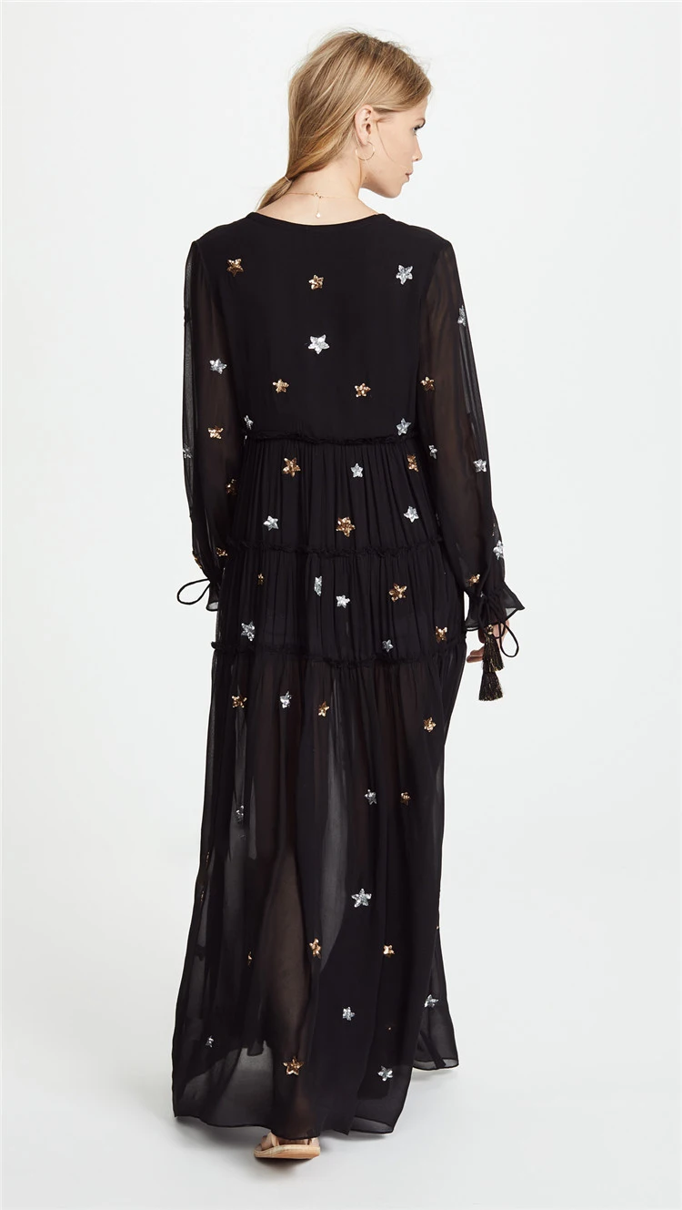

2019 Spring Designer Bohemia Women Split Waist Embroidery Long Dresses Womans Black White Deep V Neck Seaside Holiday Dress XL