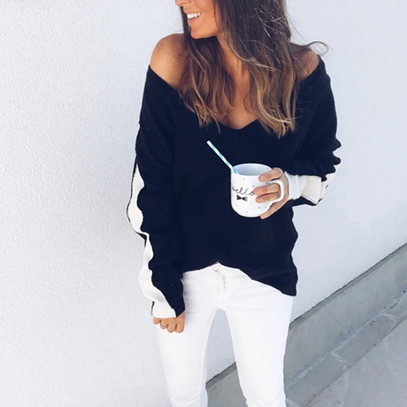 Women Casual Long Sleeve Deep V Neck Pullovers Autumn Loose Knitted Sweater Fashion Patchwork Color Tops | Женская одежда