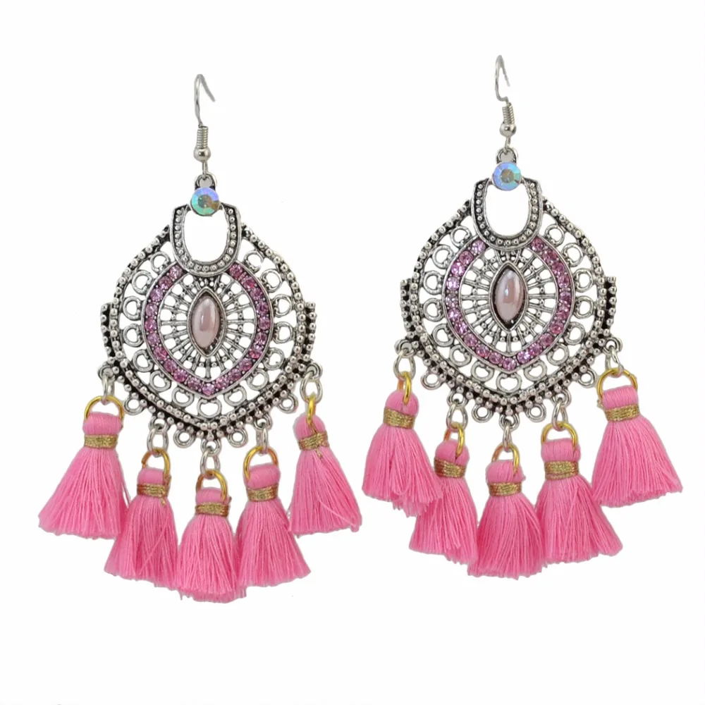 

Bohemian Pink Tassels Earrings for Women Ethnic Jewelry Rhinestone Big Drop Dangle Fringed Statement Earrings Long Party Gift