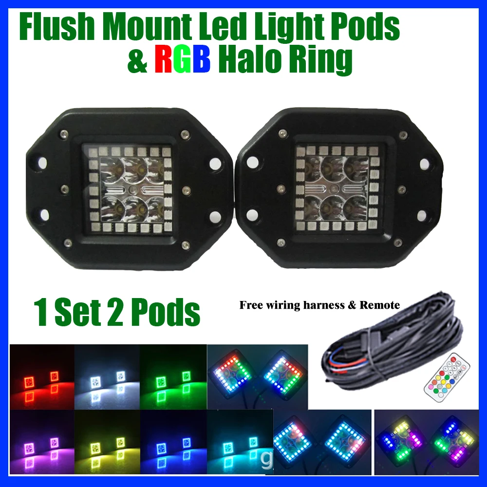 2pcs 24W Led Work Light Flush Mount Cube Pods with RGB Halo Ring Multi-color Change Chasing & Wiring For Jeep ATV SUV Offroad