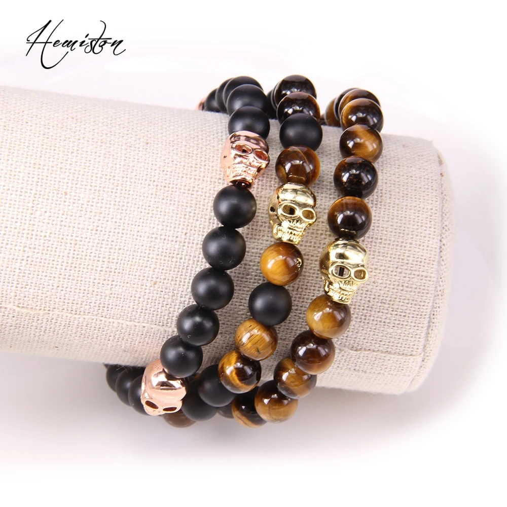 

Thomas BLACK OBSIDIAN AND ROSE GOLD SKULL BEADS ELASTIC BRACELET, Rebel Heart Style Jewelry for Men TS B151