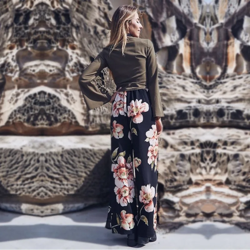 Высокая талия Сплит широкие брюки для женщин 2019 Лето boho талии свободные длинные