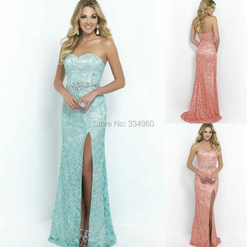 Sweetheart Coral Long Lace Gowns With Rhinestones Belt Sleeveless 2015 Prom Dress Side Slit | Свадьбы и торжества