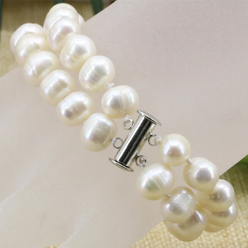 

Charms white natural 8-9mm pearl nearround beads 2 rows strand bracelets bangle for women original design jewelry 7.5inch B3178