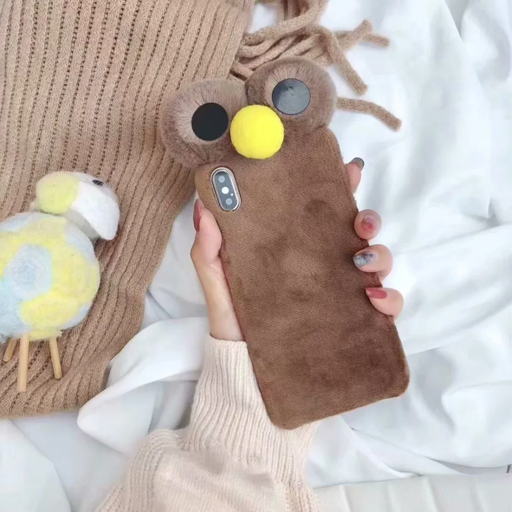 For iPhone 6 6S 7 8 XR phone Case 3D Cute Rabbit Hairy Warm Fur Cover for X XS MAX Cartoon Plush Bunny Back |