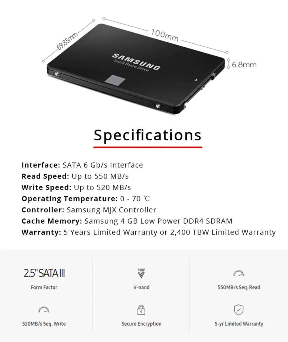 SAMSUNG 860 EVO SSD 250G Внутренний твердотельный диск 1T 2 ТБ высокоскоростной SATAIII SATA 3 быстрый для ноутбуков настольных ПК