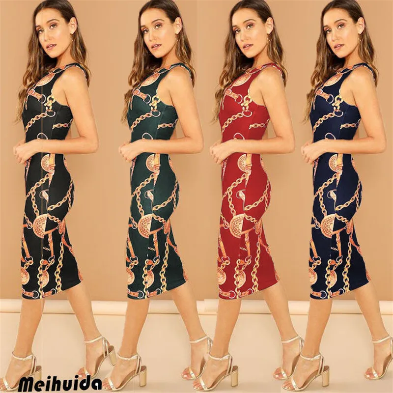 Women Summer Casual and Loose Ultrathin V Neck Sleeveless Chain Print Bodycon Clubwear Evening Party Slim Formal Tank Dress US | Женская