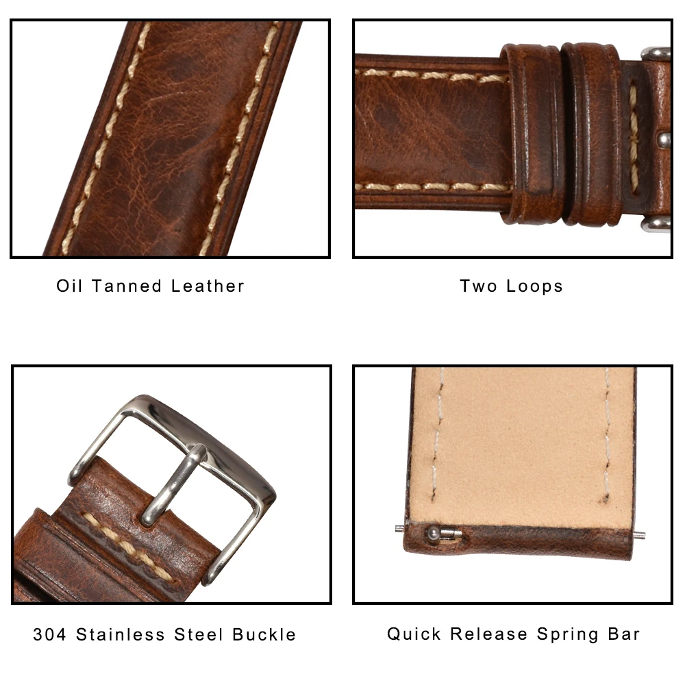 BEAFIRY Oil Tanned Leather 22mm 20mm 18mm Watchband Quick Release Watch Band Strap Brown for Men Women compatible with Fossil