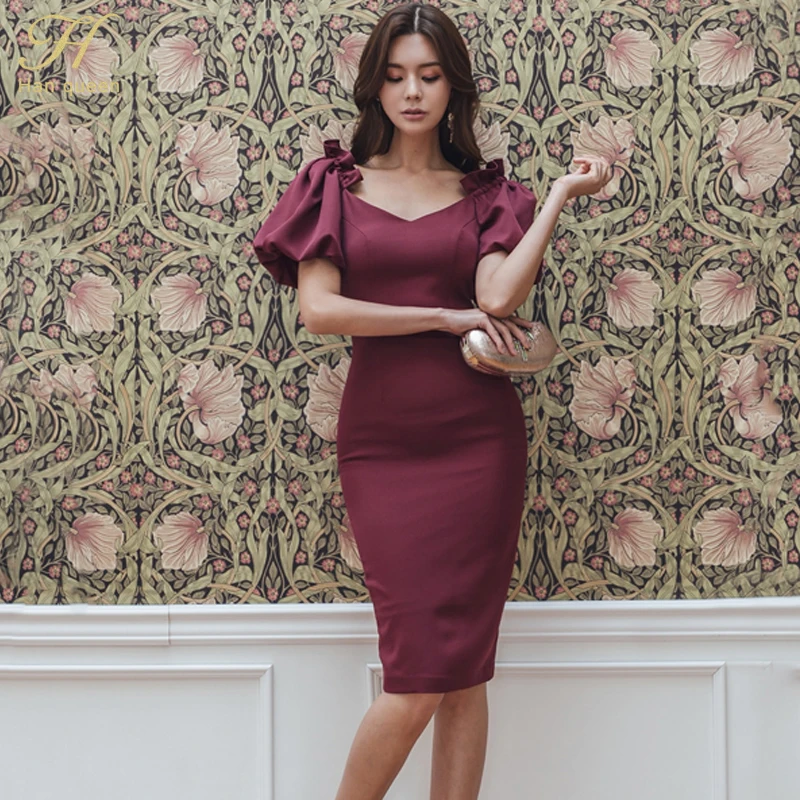 Claret H Han queen, Женская офисная одежда, элегантное облегающее платье-карандаш, весна-лето, сексуальные платья-футляр с v-образным вырезом, одноцветные, OL Vestidos - Цвет: Claret