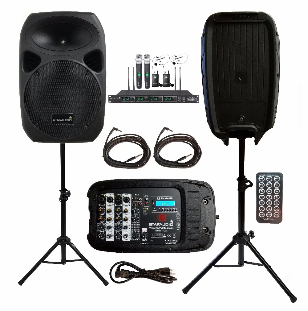 2 STARAUDIO 1500 Вт 10 &quotпа DJ KTV SD MP3 BT колонки с 4CH UHF Беспроводной микрофоны подставки