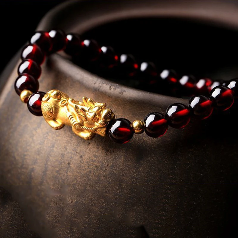 Творческий гранат Бисером Золотой Pixiu Braclet модный браслет с брелоками удачи и отваги богатство ювелирные изделия для женщин и мужчин стильный браслет