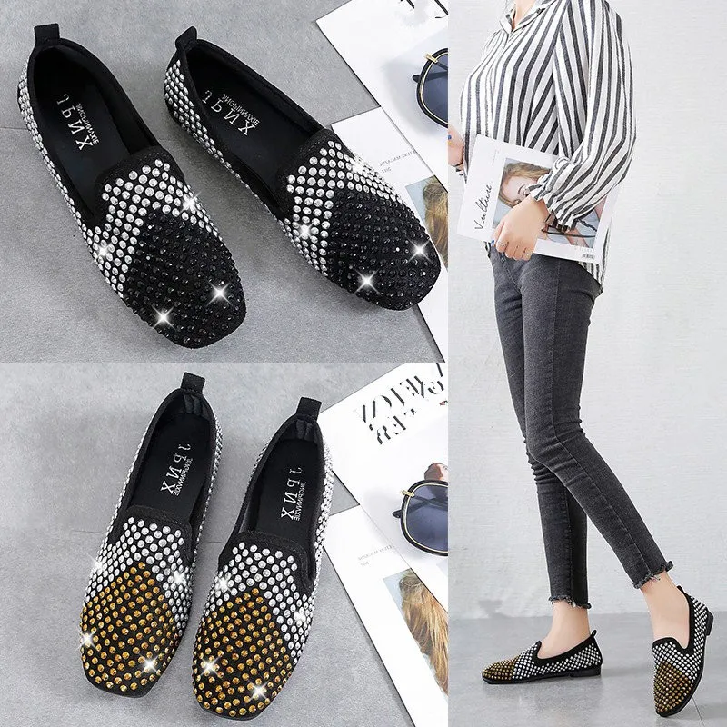 Comfortable Women Flat Shoes Crystals Embellished PU Slip-on Ladies Lazy Loafers 2019 Autumn New Style Casual | Обувь