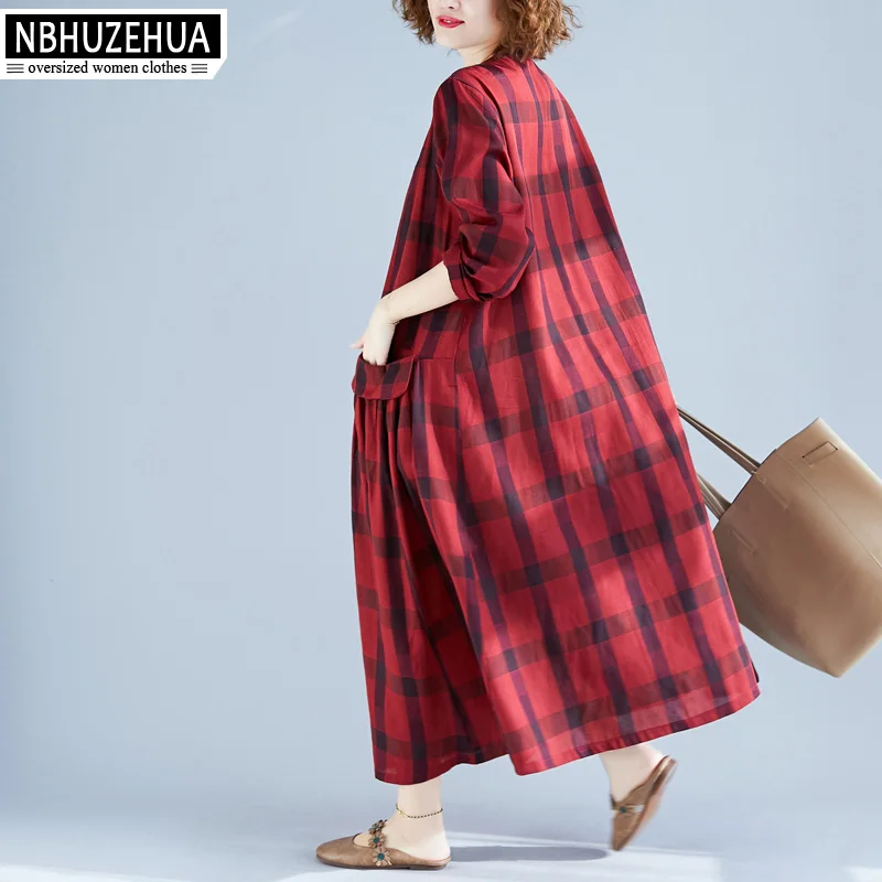 Платье NBHUZEHUA женское в клетку Элегантное Длинное платье из хлопка и льна стиле