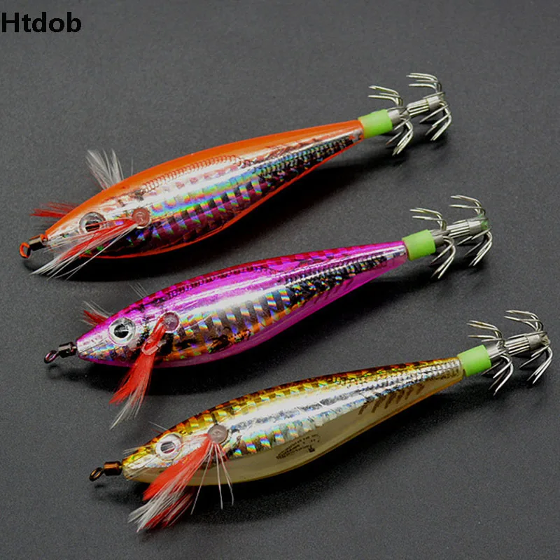 

Htdob 3pcs Fishing Squid Hook Wood Shrimp Artificial Lure Glow Jigging Octopus Jig Luminous 9g/10cm Squid jigs