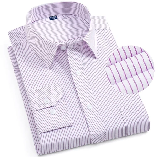 Purple Stripe Рубашка в полоску для мужчин среднего возраста; большие размеры 6XL 5XL 4XL; Высококачественная рубашка с длинными рукавами для зрелых мужчин; элегантные нежелезные Формальные Рубашки - Цвет: Purple Stripe