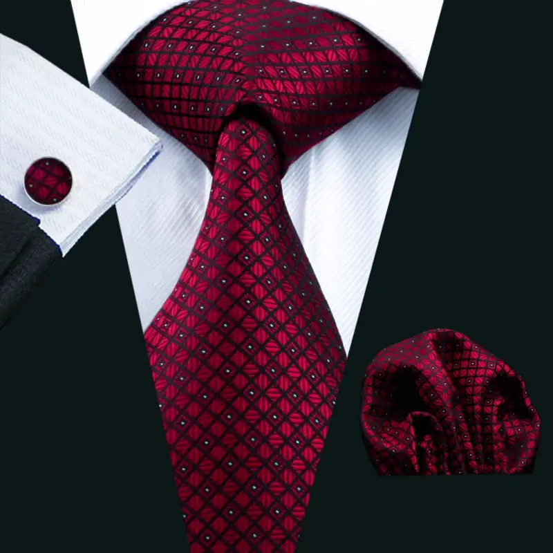 Corbata de Jacquard para hombre, conjunto de gemelos de seda a cuadros rojos, 100%, para boda, para fiesta de negocios