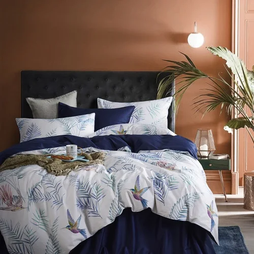 bedding set 4 Лист Цветочные птицы пододеяльник набор потертый темно-синий Египетский хлопок Простыня 4 шт. постельных принадлежностей со скрытой Подушка на молнии sham - Цвет: bedding set 4