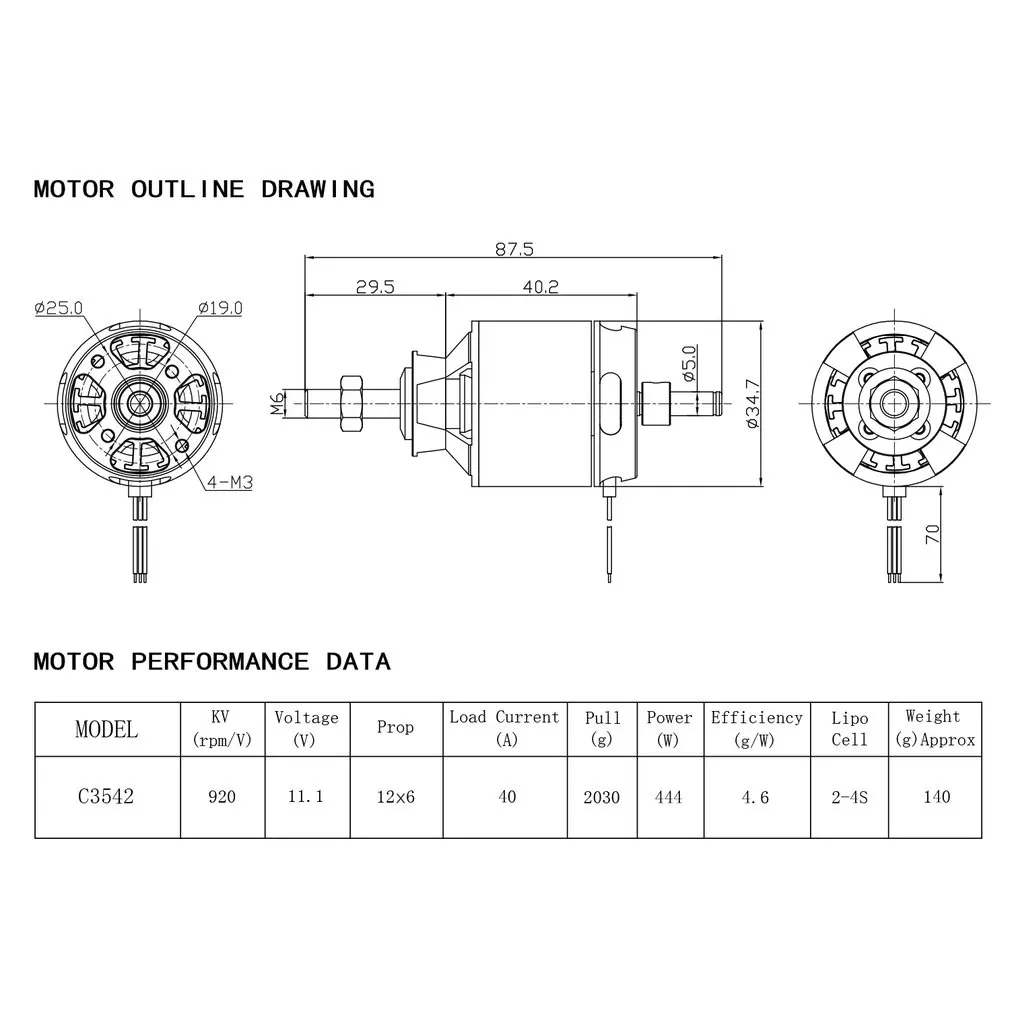 

DXW C3542 920KV 2-4S 6mm Outrunner Brushless Motor for RC FPV Fixed Wing Glide Drone Airplane Aircraft Plane Warbirds