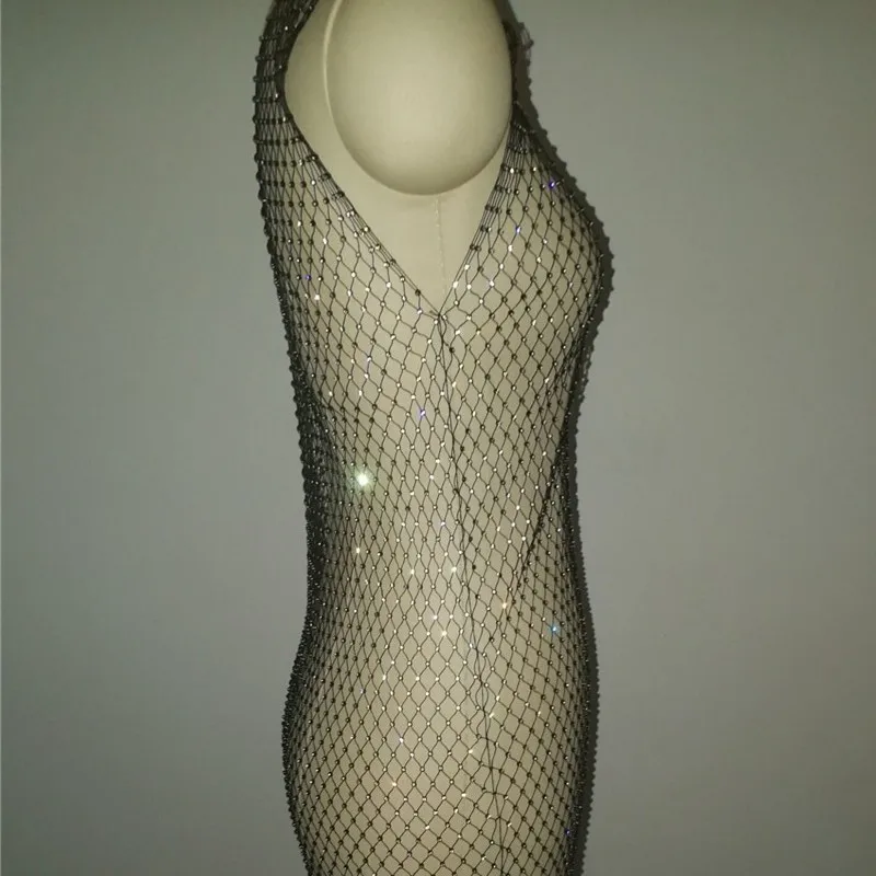 Сексуальное женское пляжное платье с блестящими кристаллами и вырезами длинное