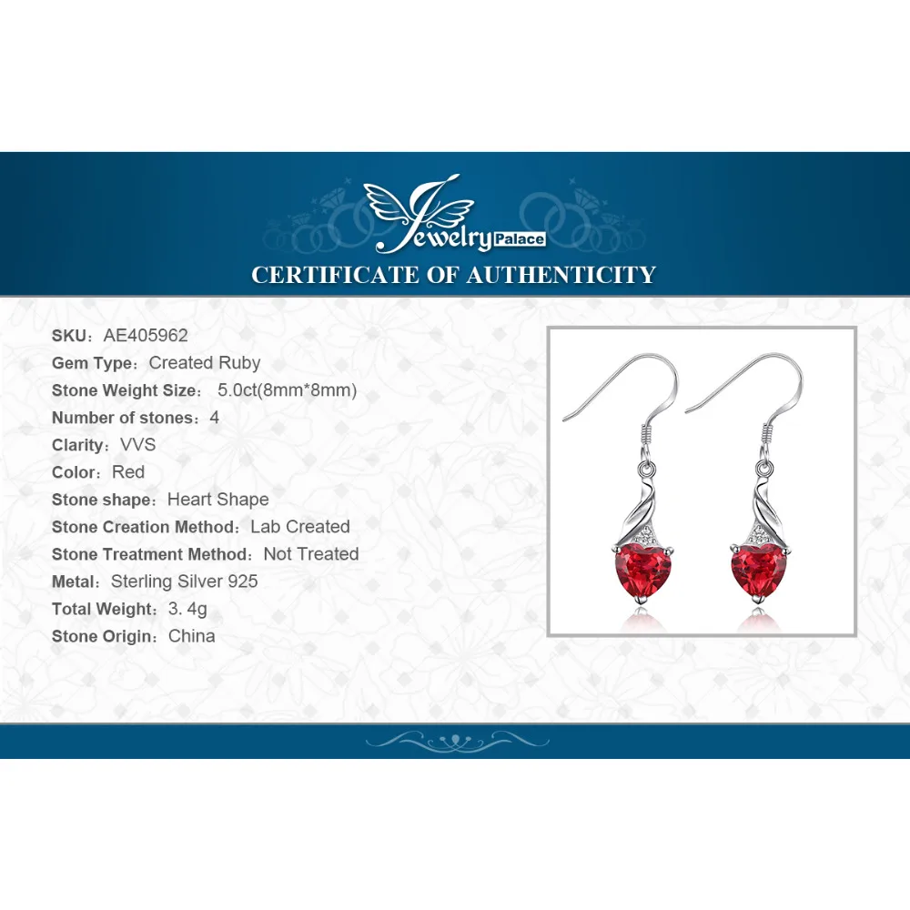 Jewelrypalace любовь 3.7ct сердца создано ruby Висячие серьги 925 серебро Длинные Свадебные