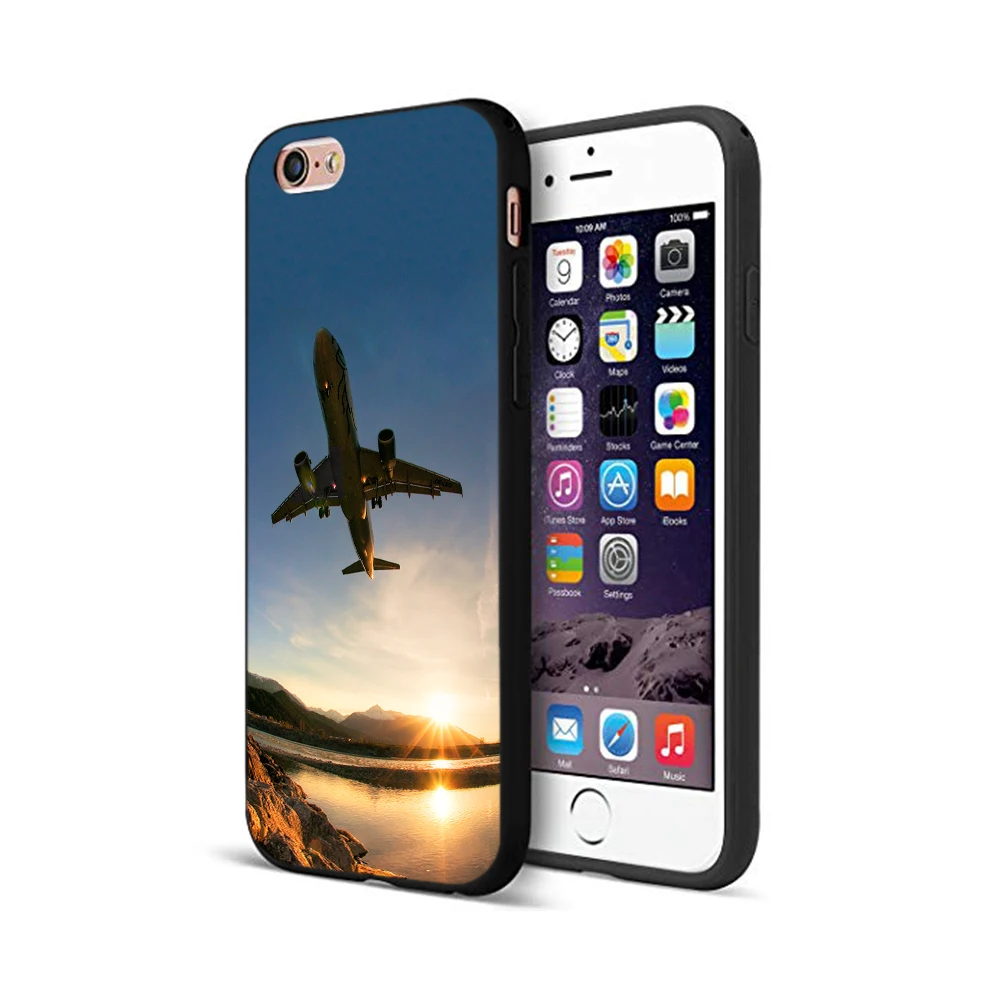 Черный ТПУ чехол для iphone 5 6 6s 7 8 plus x 10 XR XS 11 pro MAX летающий самолет на закате |