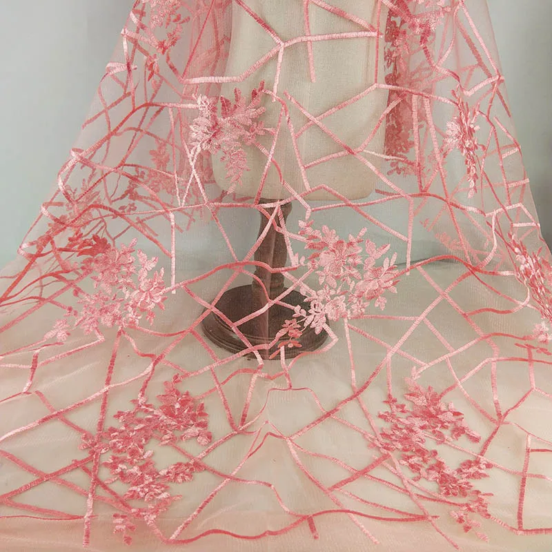 pink red 1 ярд французская кружевная ткань высокого качества Тюль вышитый цветок Прозрачная Чистая кружевная ткань для свадьбы ширина 130 см - Цвет: pink red