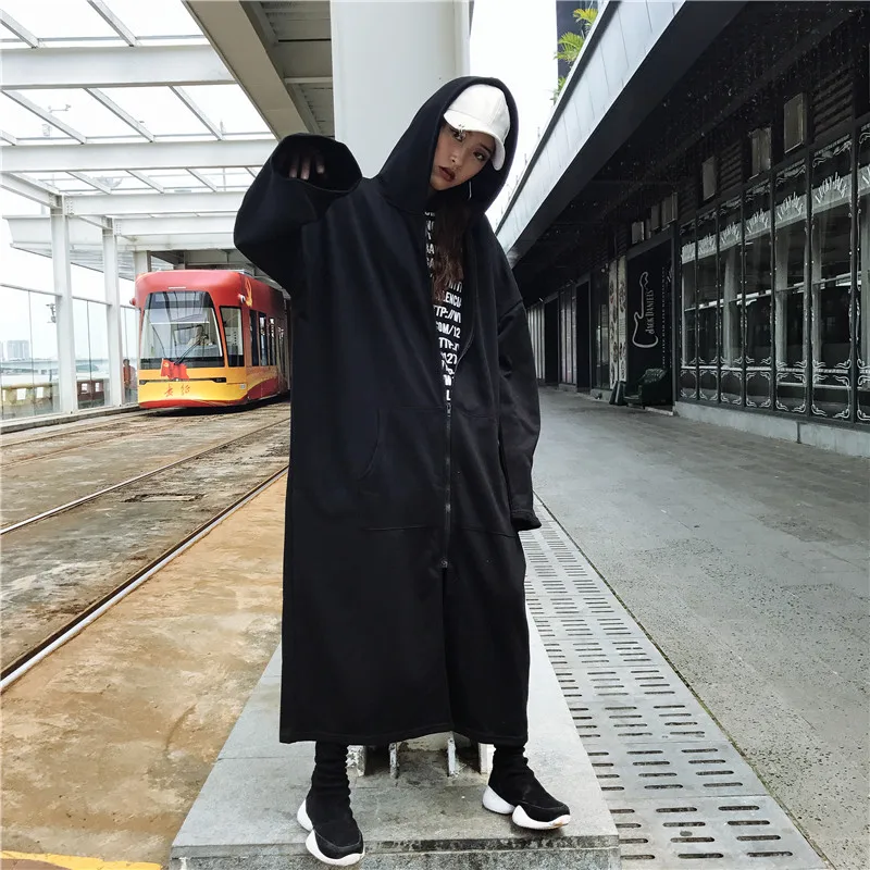 

Women Long Hoodies Sweatshirts Zipper Outerwear Black Clothing Feminina Loose Female Casual Pockets Coat Warm Jacket Zip Cool