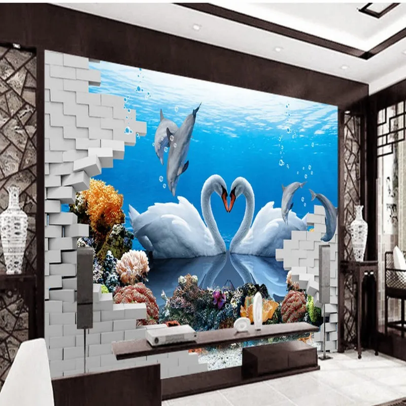 

Фотообои HD, стерео, 3D Лебедь, дельфин, любовь, ТВ, Настенные обои для гостиной, фойе под заказ