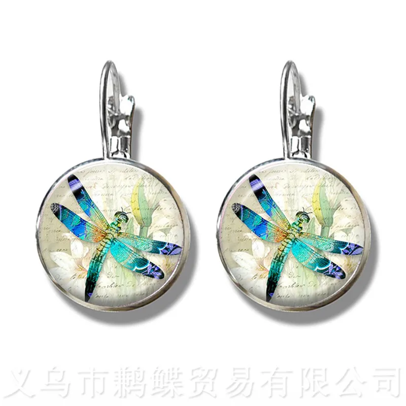 Серьги гвоздики с рисунком стрекозы 16 мм стеклянный кабошон куполообразный Шарм