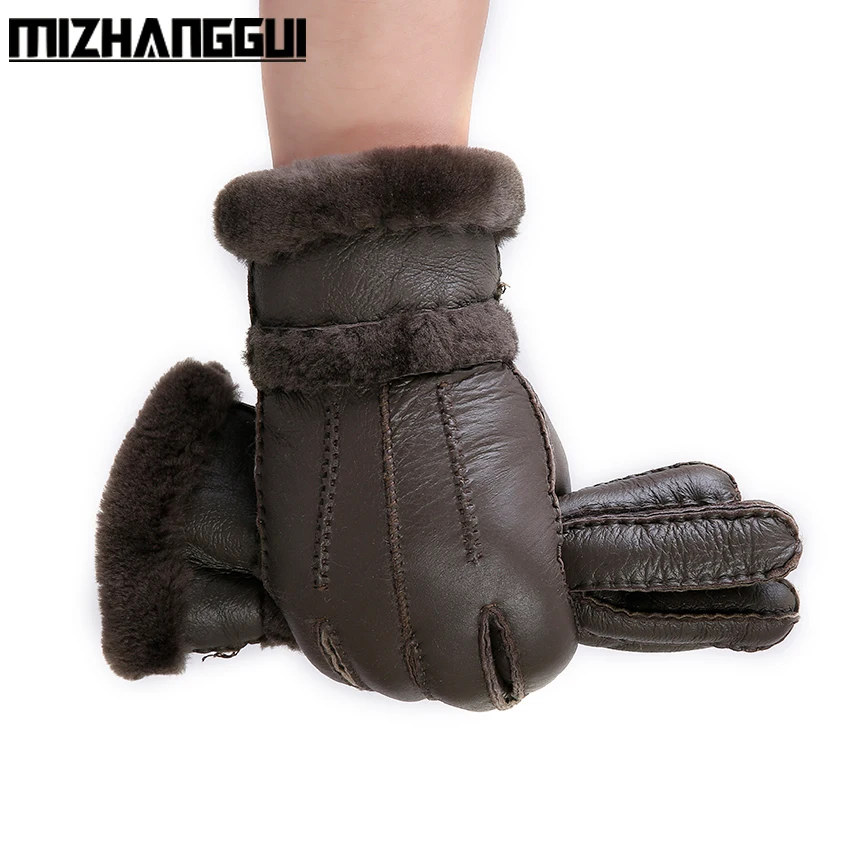 sheepskin men's winter gloves genuine leather warm double-faced sheep fur high quality | Аксессуары для одежды