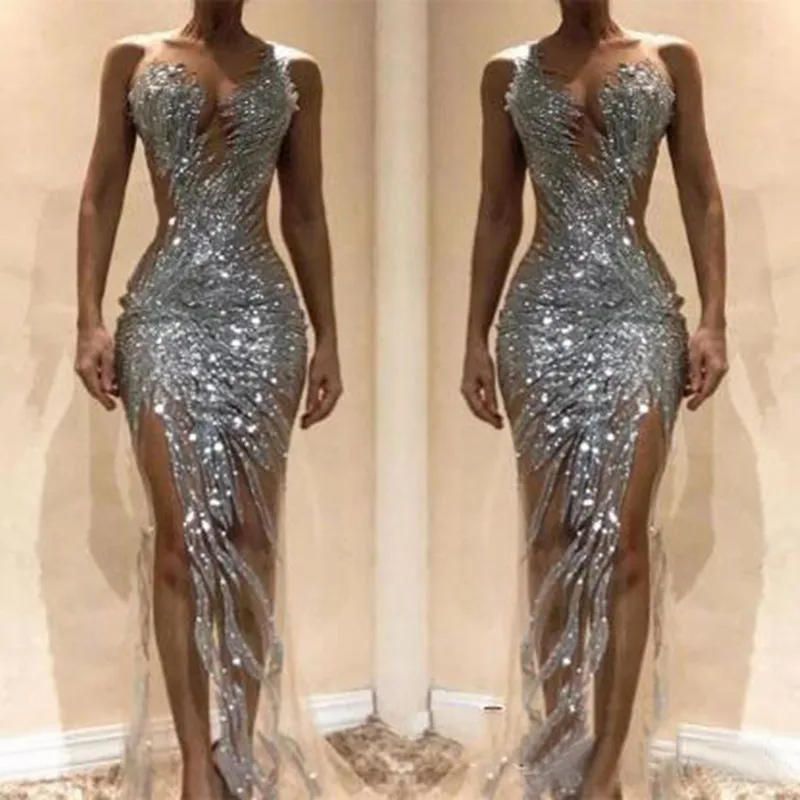 

Shiny Mermaid Arabic Evening Party Dresses Sexy Side Slit Middle East Formal Dress One Shoulder Long Prom Gown 2019 Vestidos