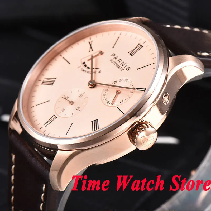 Мужские часы Parnis 42 мм розовое золото чехол дата Резервный запас энергии Золотой