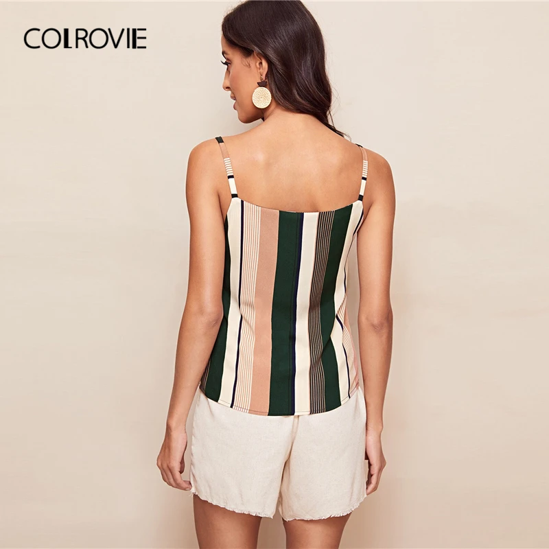 COLROVIE Multicolor Spaghetti Strap Striped Casual Cami Top Women Summer Streetwear Color Block Sexy Ladies Tee Shirts