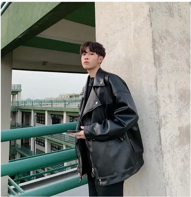 S-XL!Spring and autumn new men's lapel zipper motorcycle leather jacket hip hop couple loose shoulder jacket