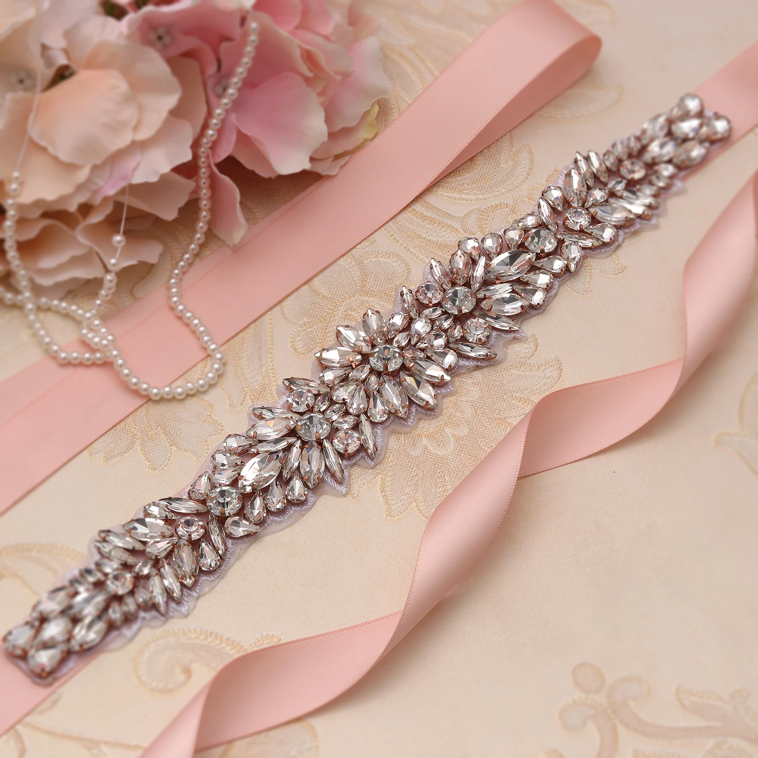 

MissRDress Luxury Bridal Belt Rose Gold Crystal Wedding Belt Rhinestones Wedding Sash For Bridal Bridesmaids Dresses JK909
