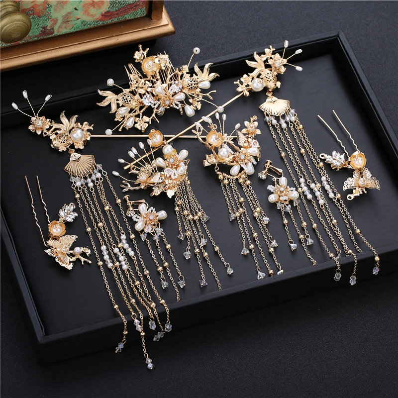 HIMSTORY роскошный винтажный Китайский Свадебный костюм для волос Золотая шпилька