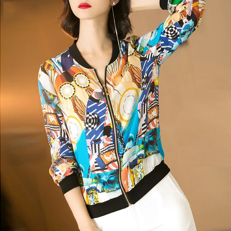 2018 Summer New Women Short Silk Printing Jacket Ladies O-Neck Casual Outwear Coat Tops Baseball Shirt Autumn A27 | Женская одежда